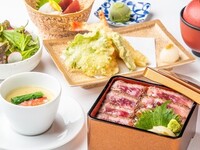 【ランチ×小会席】牛サーロイン肉、海老と野菜の天婦羅盛り合わせなど全7品ランチ小会席【杏】コース3,300円