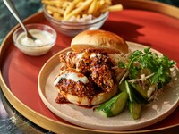 【TAKEAWAY】chilli sesame and peanut crispy chicken burger, apple and kohlrabi slaw, fries
