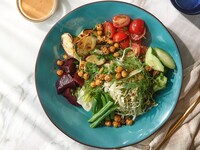 chopped salad - green beans, courgette, tomato, cabbage, crunchy chickpeas, beetroot, citrus sesame dressing