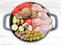 Senshu vegetables and Bitchu Plateau chicken stewed in olive tomato sauce, finished with pasta