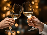 Toast with glass of sparkling wine, and Celebration flower bouquet.[Anniversary menu] 