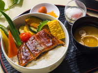 鰻蒲焼とろろ夏野菜の丼　温玉添え