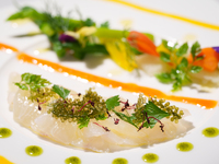 Red-spotted grouper（Akajin Mibai） Carpaccio with red paprika and pumpkin sauce Vegetable garden style