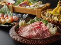 【大皿】特選黒毛和牛のすき焼きと握り寿司　7500円(税込)　2時間飲み放題付き