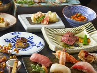 The most popular item! [Sushi and Japanese Cuisine Course] "Edomae Sushi and Wagyu Beef Sushi" & "Small pot of Winter Yellowtail and Hokkaido Fugu in Golden Broth and Japanese Black Beef Braised in Red Wine" 9 dishes total 6,000 yen (excluding tax)