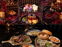 【ディナー☆アフタヌーン】"BLACK  ROSE  HALLOWEEN"アフタヌーンティースイーツ付き！『牛ハラミのグリル＆鶏もも肉のシュラスコ×チーズリゾット』など8品5皿