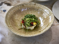 【平日午餐】植物類：四道菜套餐，包括春季蔬菜凍糕和冰鎮新洋蔥濃湯。