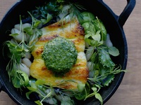 Pan-fried fresh fish with Chartreuse-flavored escargot butter