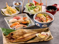 Charcoal grilled Hokkaido Atka mackerel and raw sushi set meal