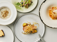 【STANDARD COURSE】A 5-course meal featuring two appetizers, pasta, a main course, and dessert.