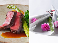 【母の日ランチ】感謝を伝えるカーネーション1輪付　乾杯酒＋厳選牛肉や魚料理などWメイン 全5品（土日祝）