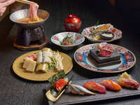 ランチ限定【江戸前鮨の紅コース】『山形豚と瀬戸内鱧の雲丹しゃぶ小鍋』&『江戸前鮨 5種盛り』 全7品【平日特別価格5,300円→4,990円(税込)】