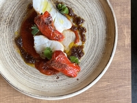 Pan-seared fresh fish with pumpkin in XO sauce and piperade