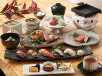 6月～【旬の食材を愉しむ 江戸前鮨 極みコース】『江戸前鮨と鮑の牡蠣醤油バター焼き』＆『小豆島オリーブ素麺と産直やさい天ぷら』5800円(税抜)