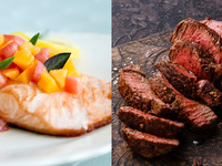 Fish dishes and lean meat steak course
