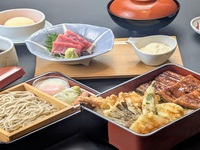 Summer-exclusive! [Seasonal Gourmet ] ~Seasonal Gourmet Feast~ + 1 drink included. Indulge in a luxurious lunch featuring a combination of grilled eel and tempura, along with soba noodles, burdock puree, sashimi, and other energizing summer delicacies.