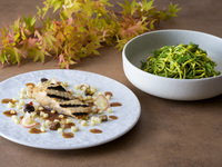 Grilled Sturgeon and Garland Chrysanthemum Genovese Pasta