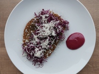 Celeriac cordon bleu with horseradish and plums