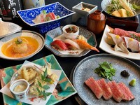 November–December: [Ultimate Sushi Kaiseki] ‘Sushi with premium bluefin tuna toro and three varieties of Edomae sushi’, ‘A5 grade wagyu beef lean steak’, ‘Hot pot with wagyu beef and sea urchin with cold butterbur’, ‘Tempura with cod roe and snow crab’ – 7,000 yen (excluding tax)